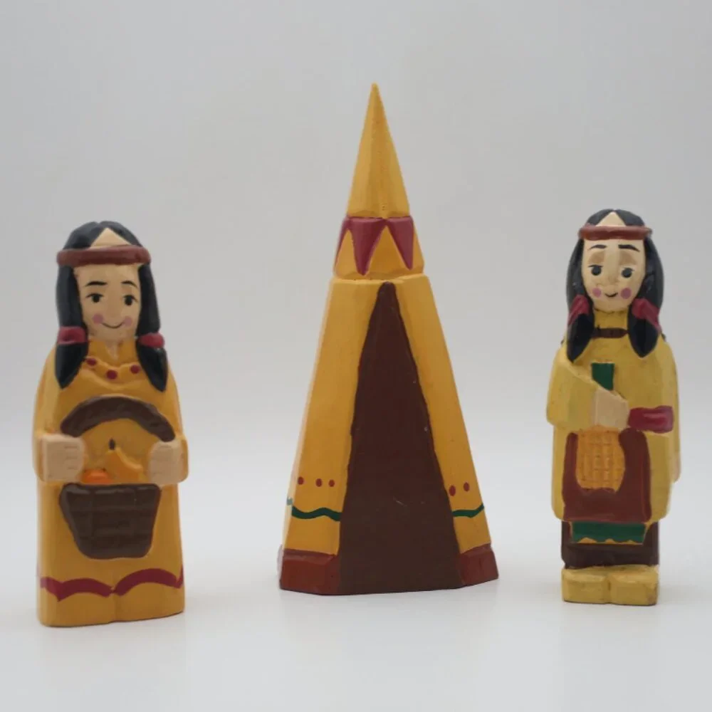 Vintage 1970s Hand Carved Hand Painted Indian Man, Woman & Teepee
